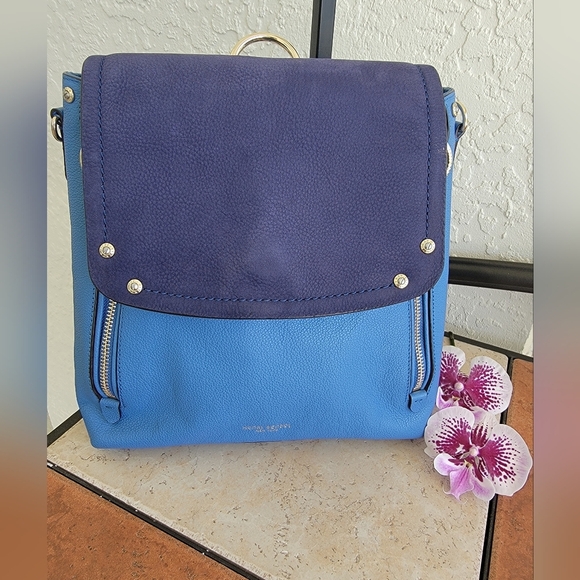 Henri Bendel Convertable Backpack In Pebble Grain Perriwinkle Leather/Navy Suede - Picture 1 of 16